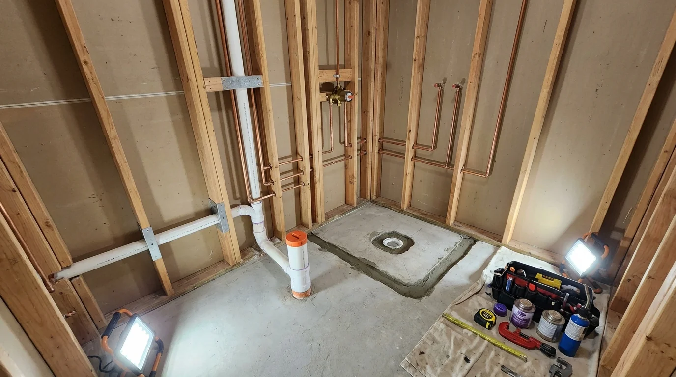 Bathroom rough-in plumbing during remodel by Johns Plumbing LLC in Maury