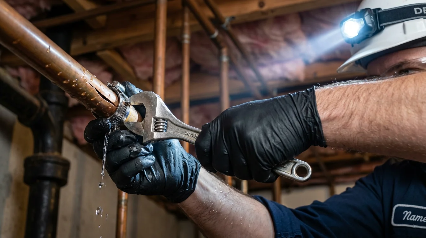 Emergency pipe clamp repair being performed by a Johns Plumbing LLC plumber in Maury