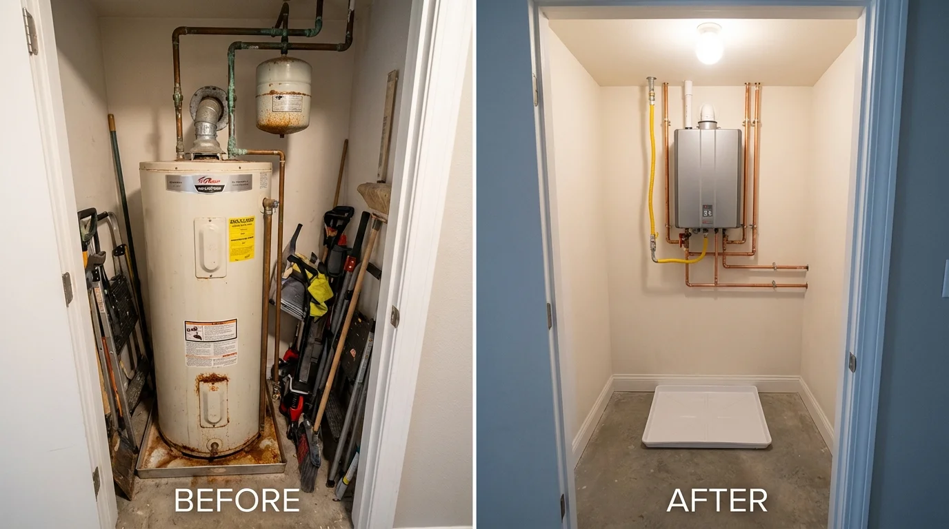 Tank water heater versus wall-mounted tankless unit comparison for Maury, NC homeowners