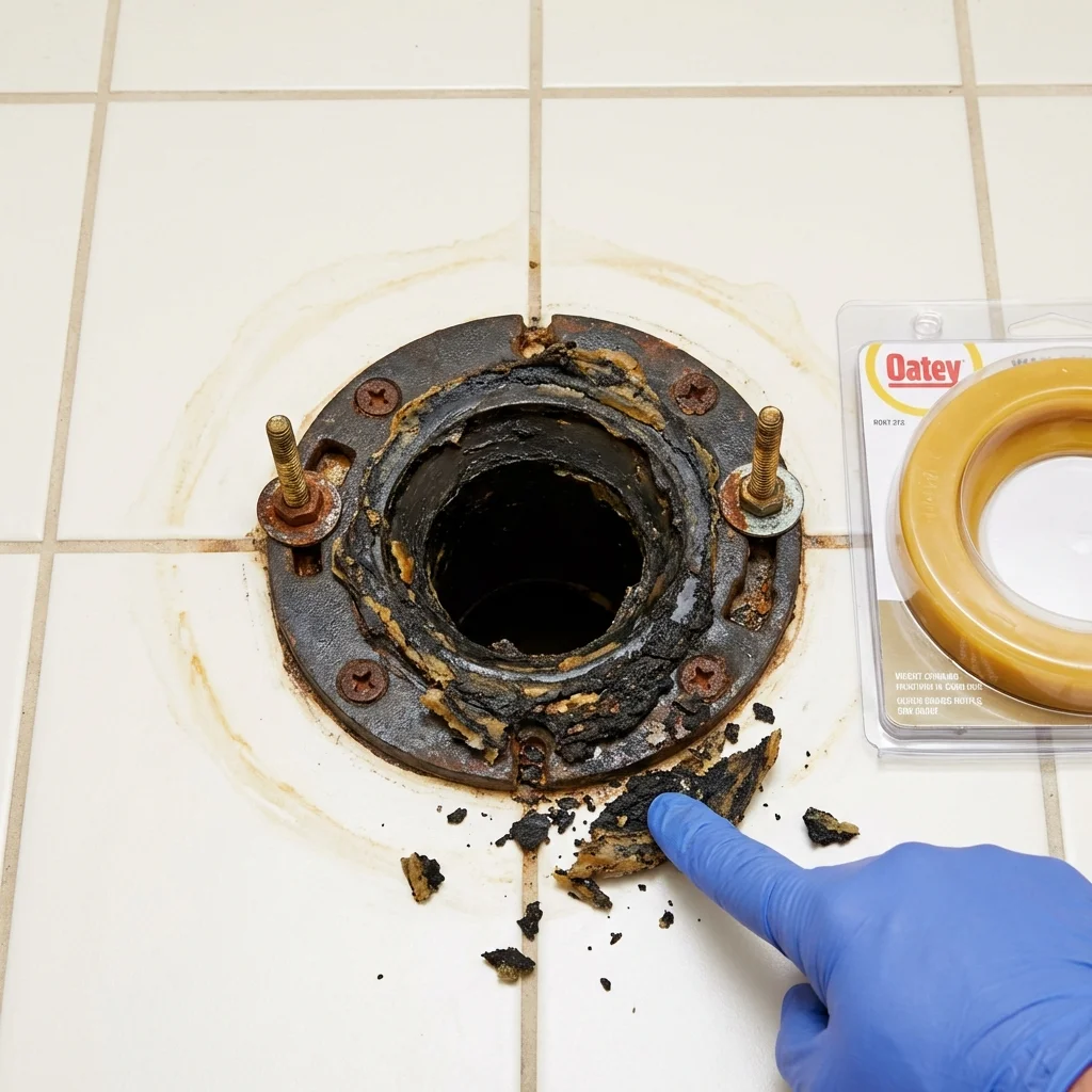Failed wax ring showing water seepage at the base of a toilet in a Maury, NC home