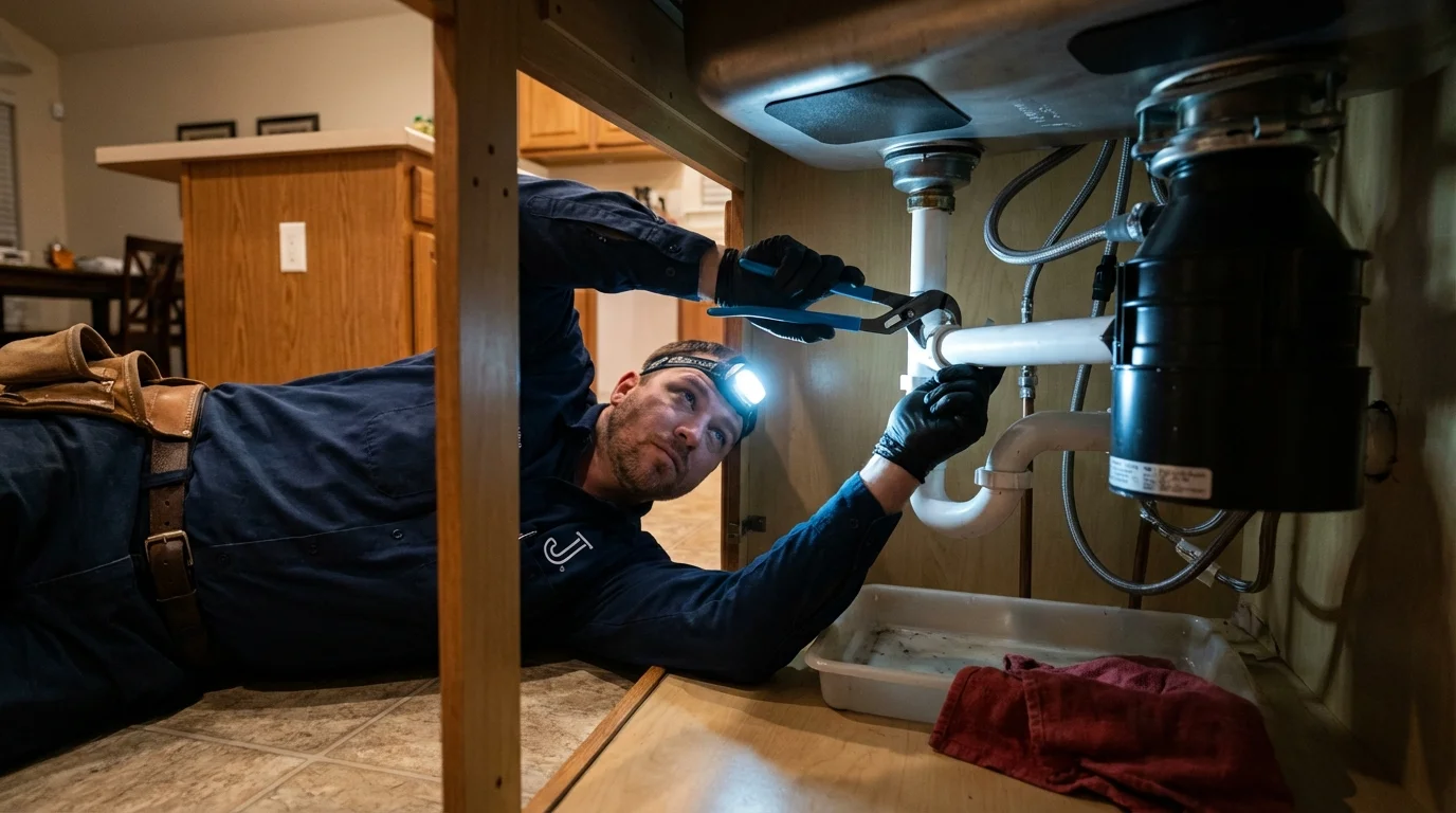 P-trap and supply line connections under a kitchen sink showing a common leak point in Maury, NC